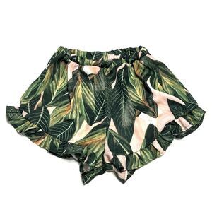 Zaful Palm Leaf Print Pull On Shorts Ruffled Hem Green Size Medium